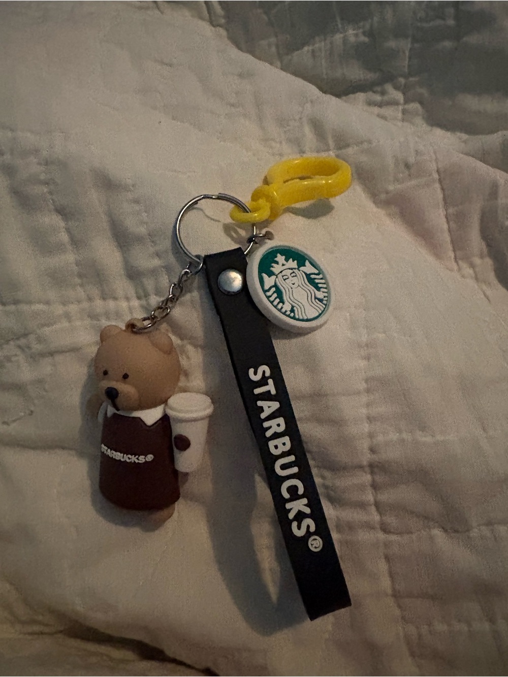 Starbucks Black Keychain with Bear Charm and Yellow Clip